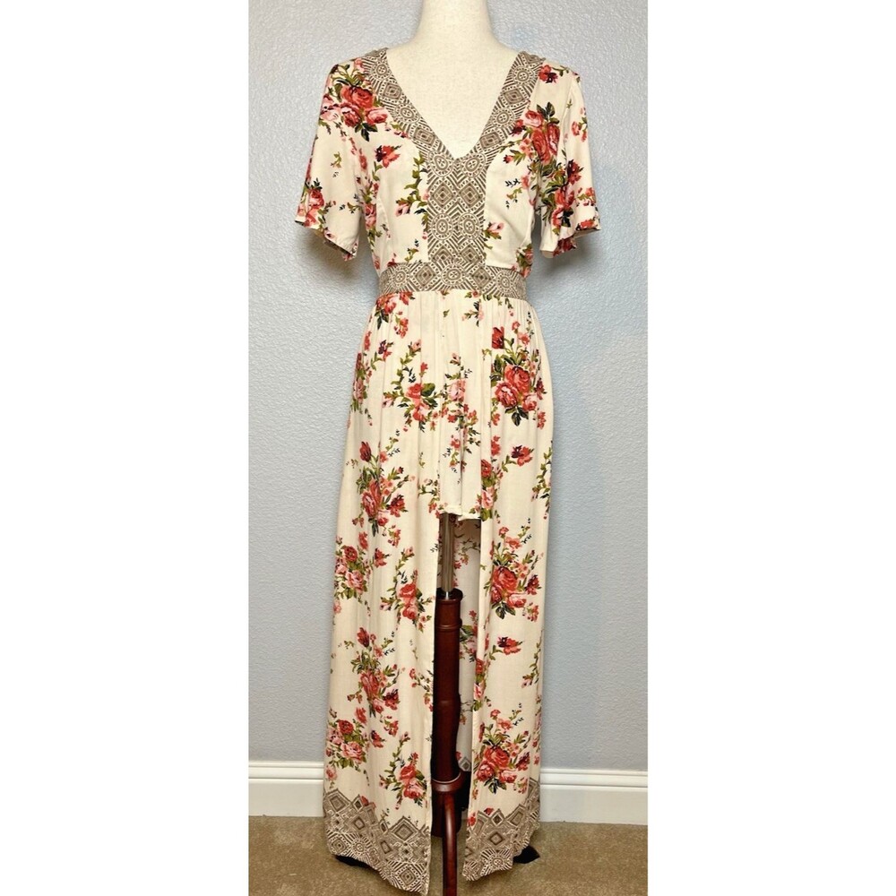 Angie Maxi Romper Skirt Womens Sz L cream Floral Paisley Boho Overlay Fairycore